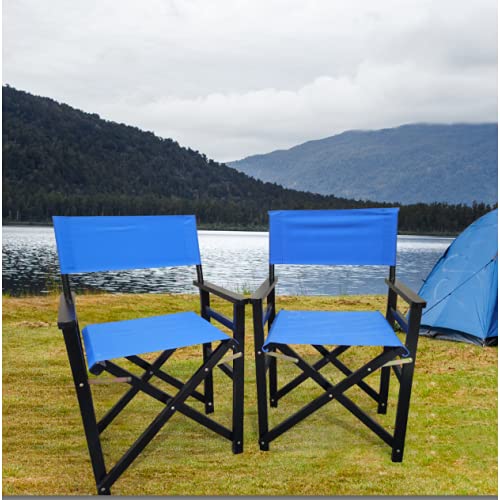 Set of 2 Folding Director Chairs, Solid Wood Canvas Fabric Camping Lawn Chairs, Blue A177