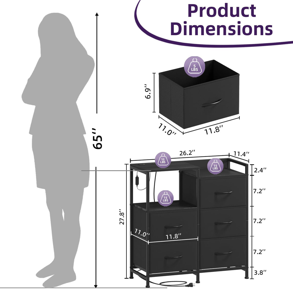 Wide 5 Drawer Nightstand with Charging Station & LED Light R924991