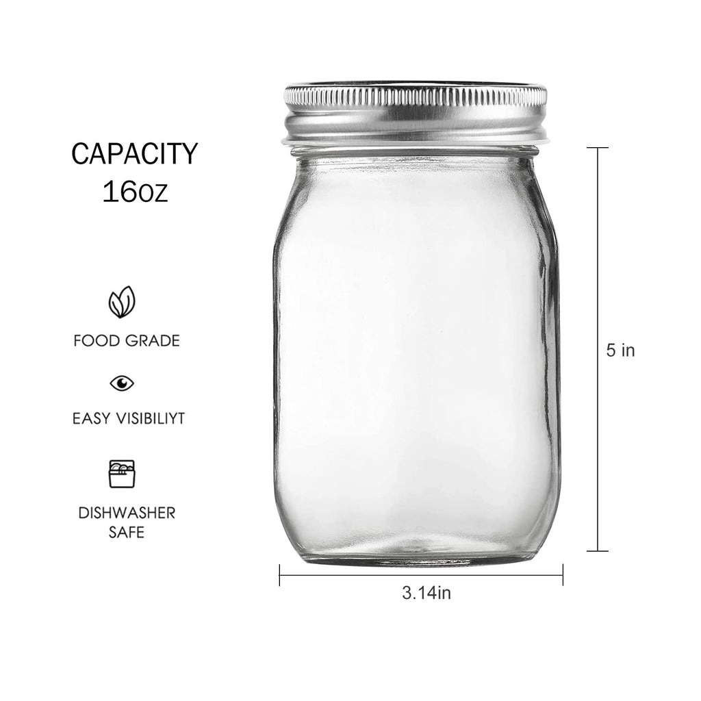 16oz Regular Mouth Glass Mason Jars with Airtight Lids, 4 Pack V159
