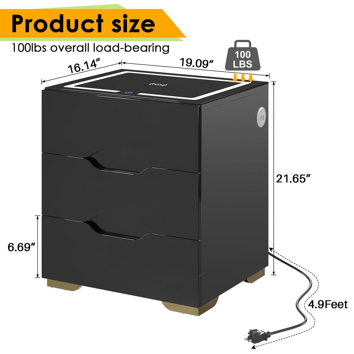LED Nightstand with Wireless Charging Station 3 Drawers P226889