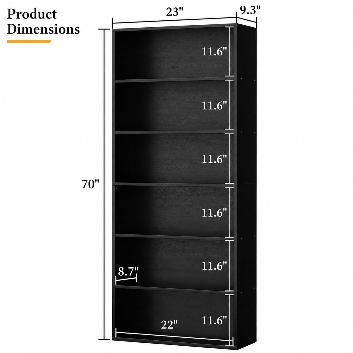Black 6 Tier 71 Inch Bookshelf X7678