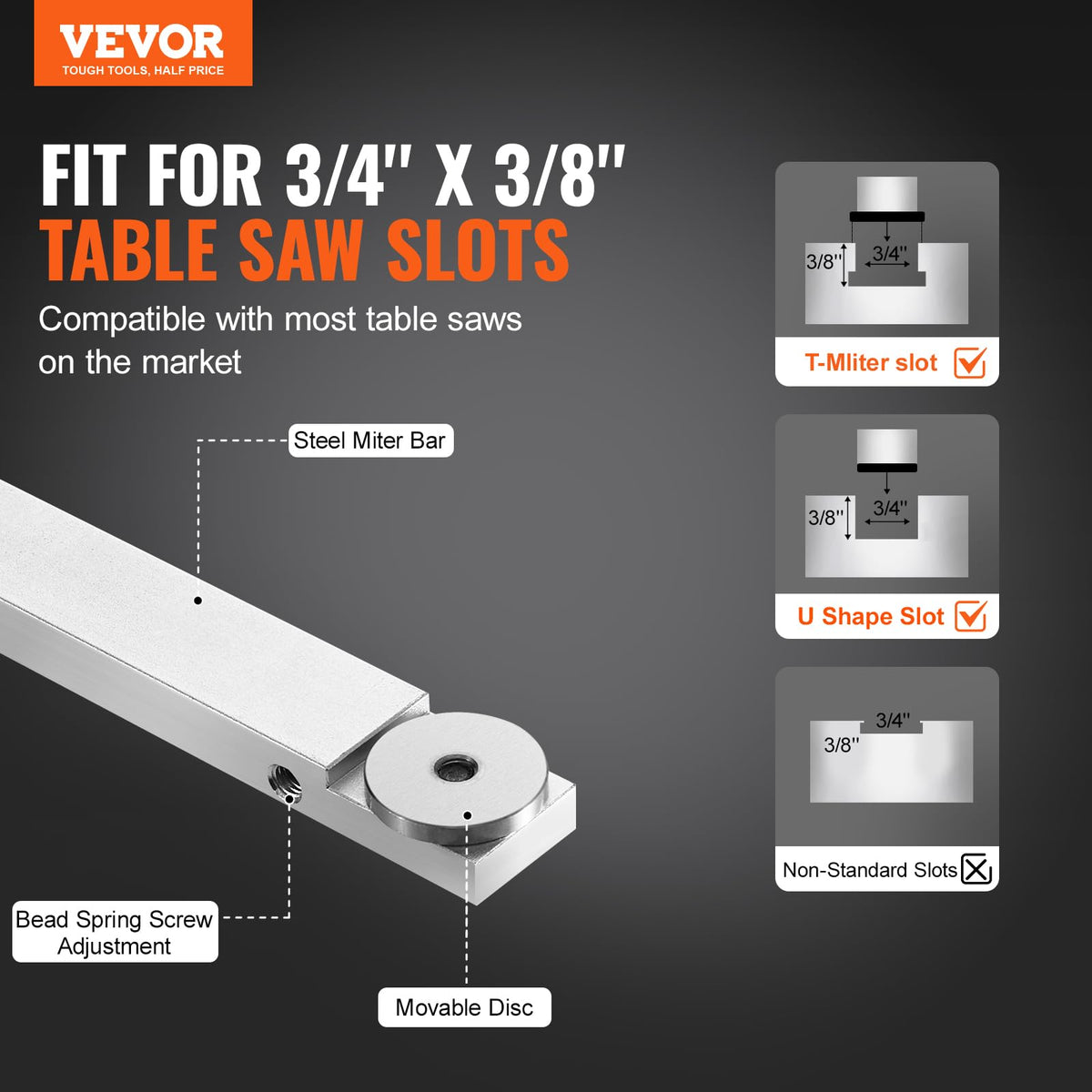 Precision Miter Gauge, 3/4'' x 3/8'', Aluminum Alloy Table Saw Miter Gauge with 15 Angle Stops M584