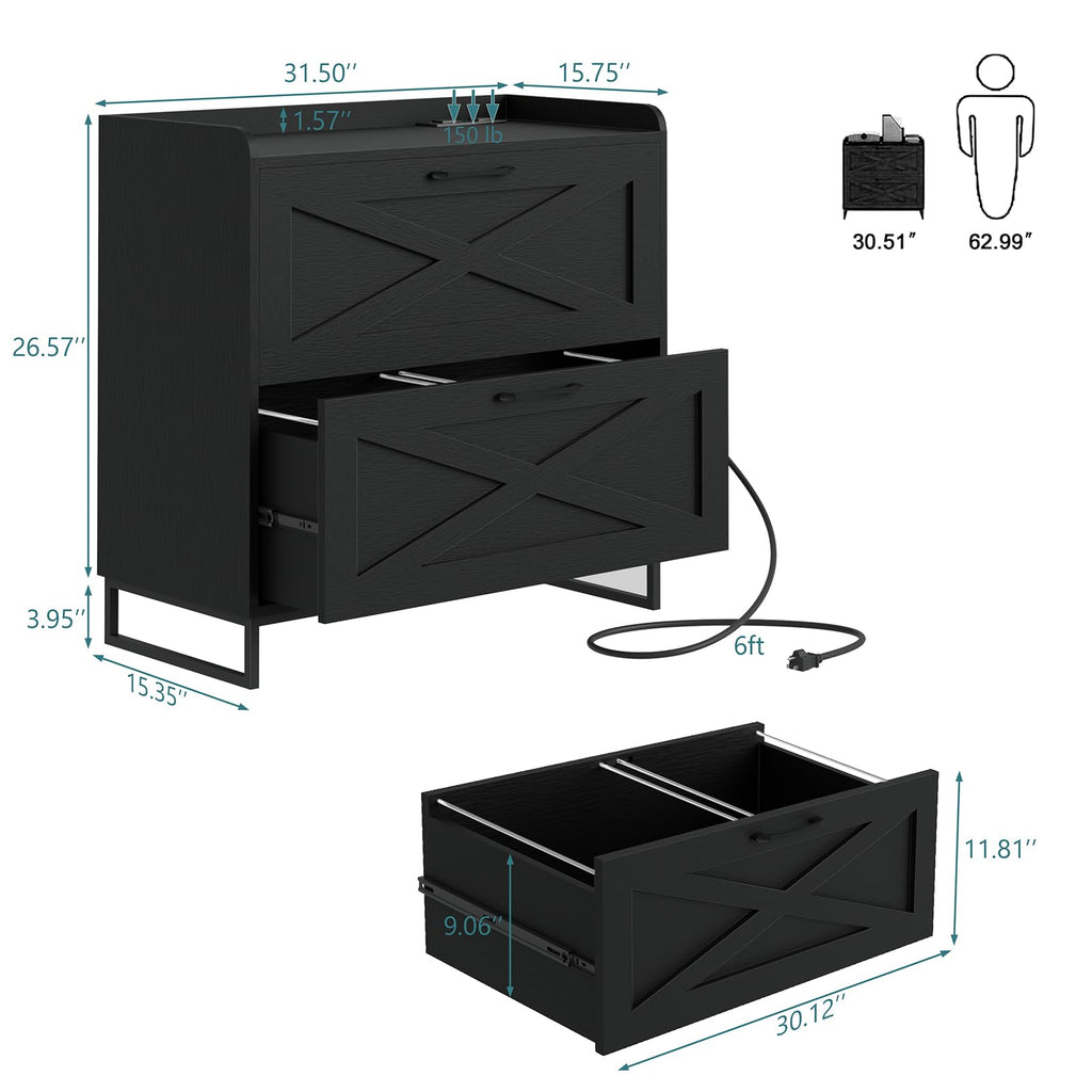 2 Drawer Black File Cabinet with Charging Station S18127
