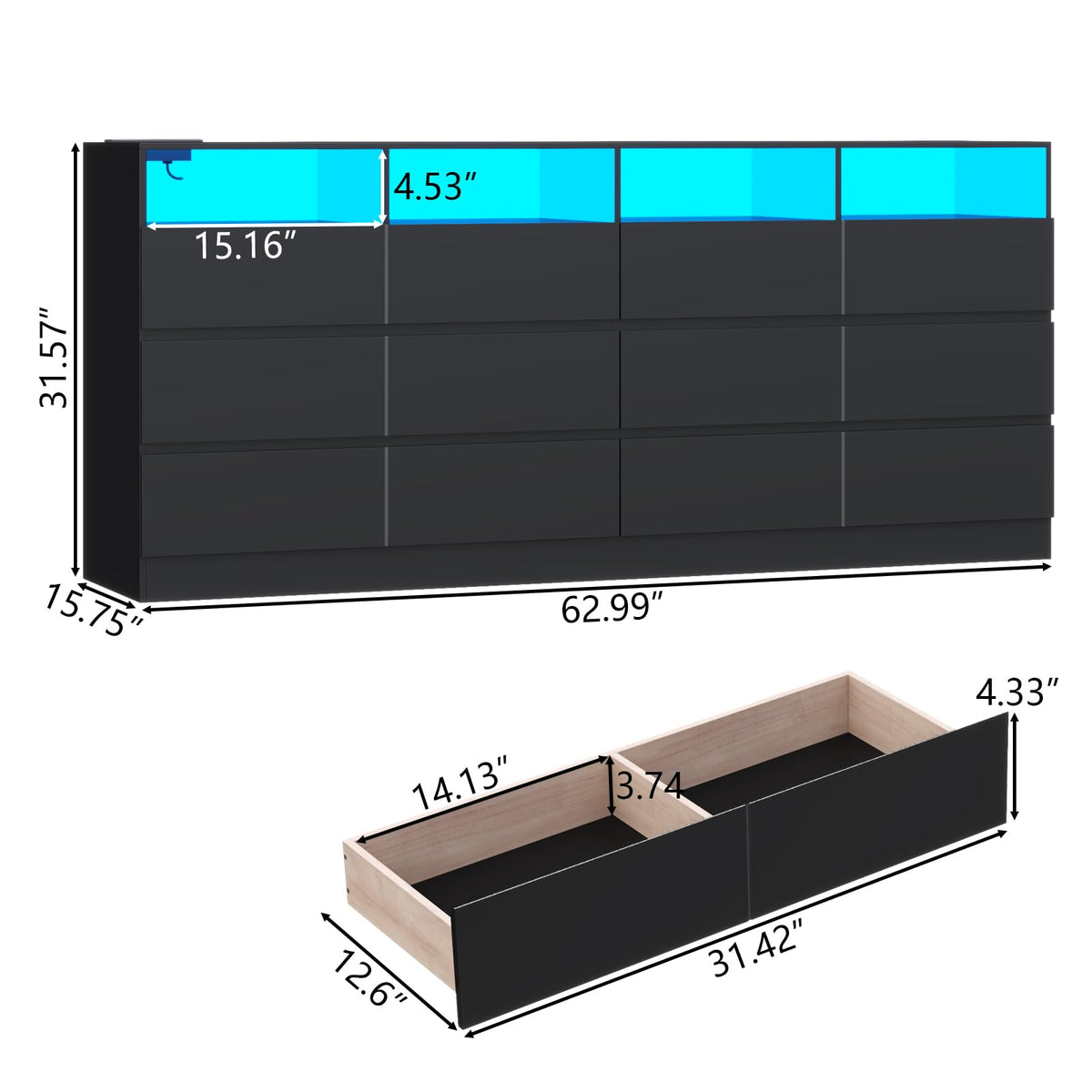 Black 12-Cell Divided Drawers Dresser with Charging Station D468