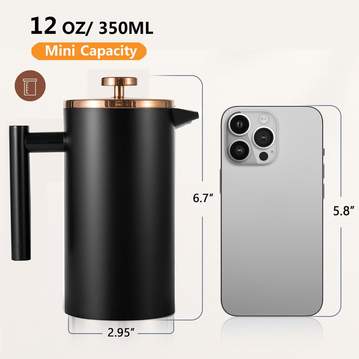 Black Stainless Steel 12oz French Press Coffee Maker R89920