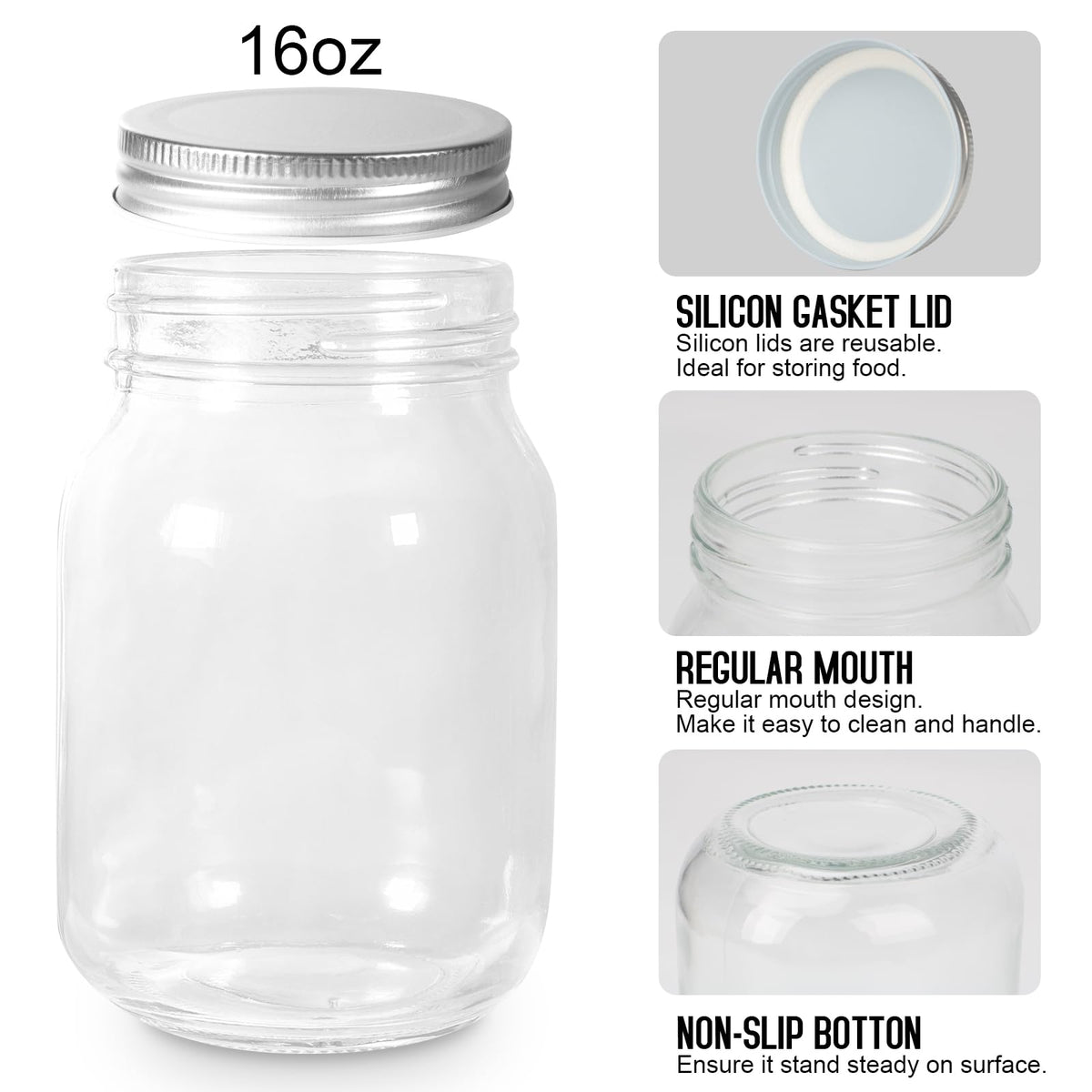 16oz Regular Mouth Glass Mason Jars with Airtight Lids, 4 Pack V159