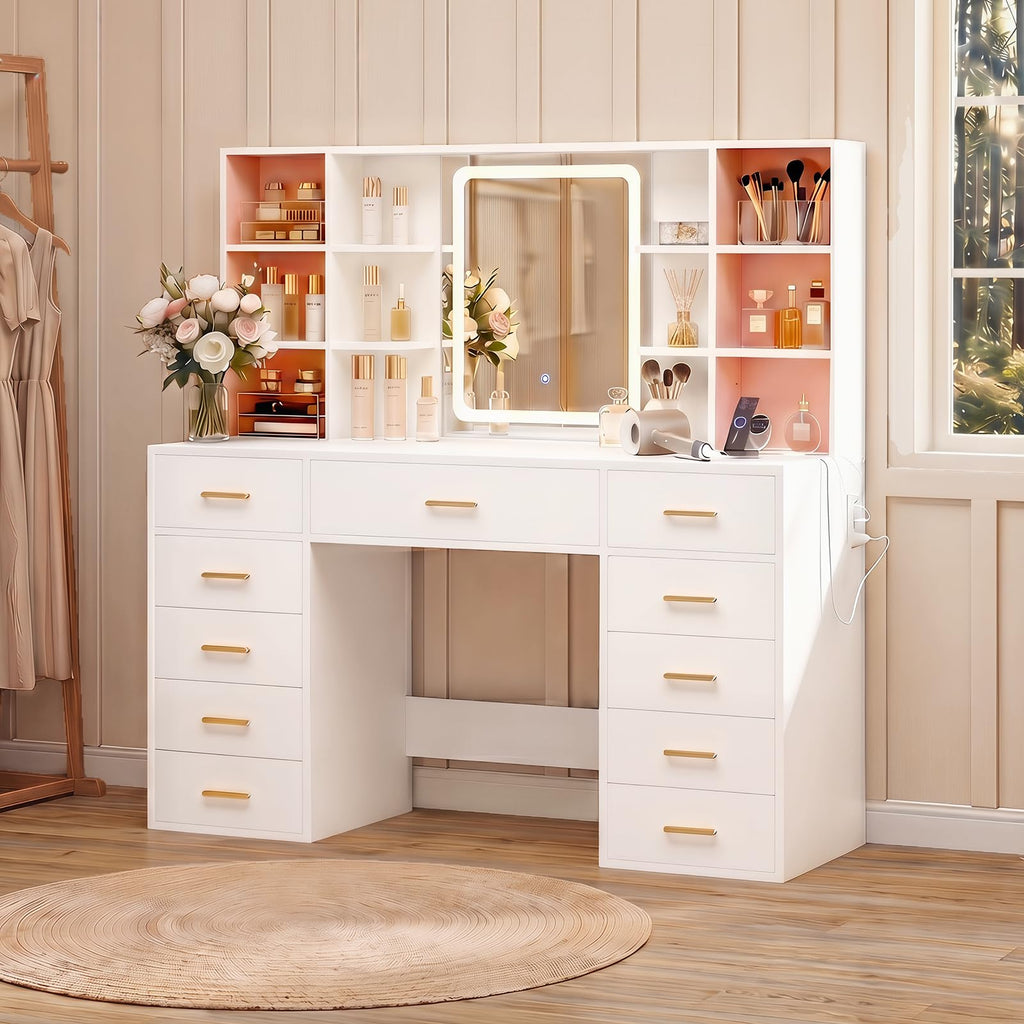 55" Extra-Wide White Makeup Vanity Desk with Lighted Mirror & 11 Drawers K523066