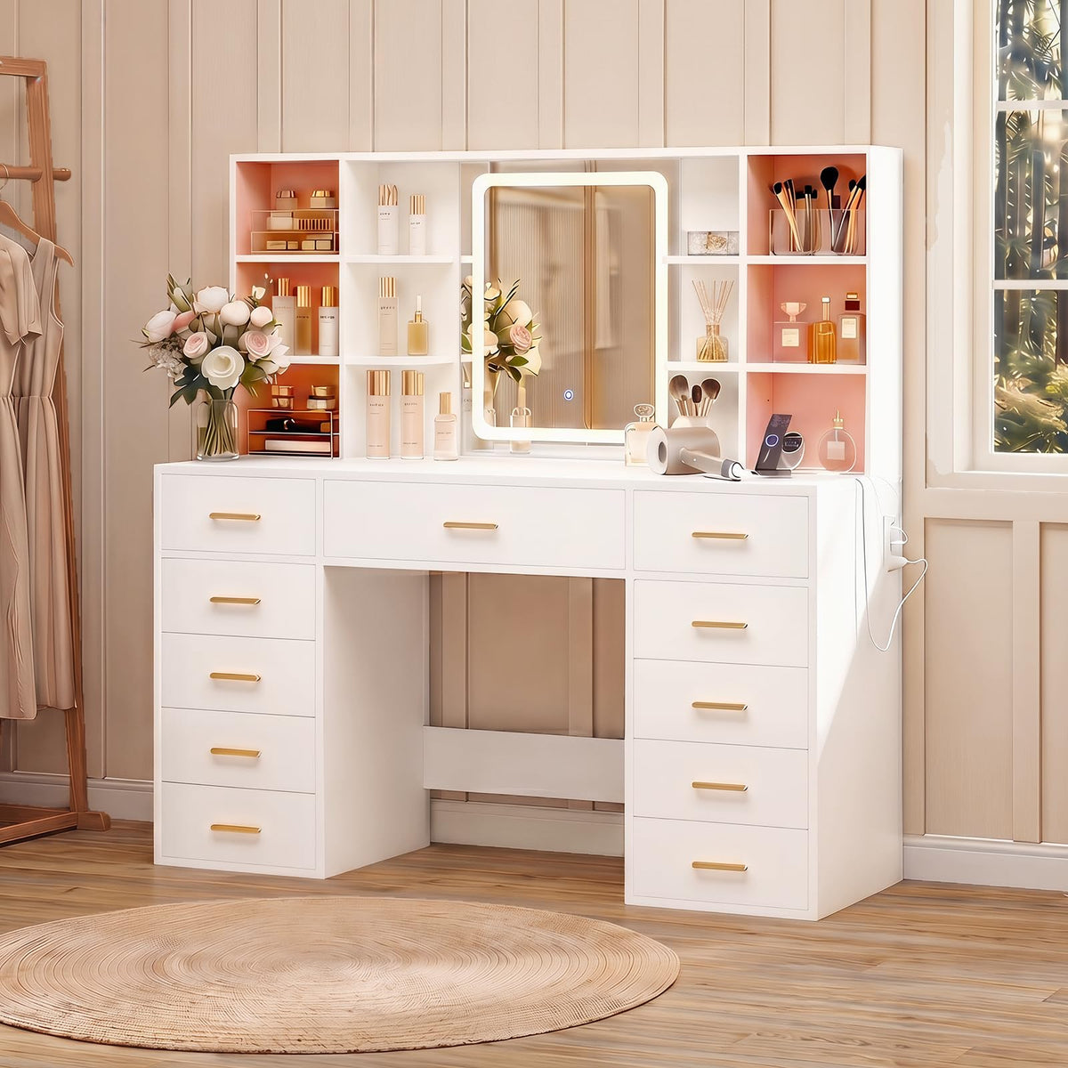 55" Extra-Wide White Makeup Vanity Desk with Lighted Mirror & 11 Drawers K523066