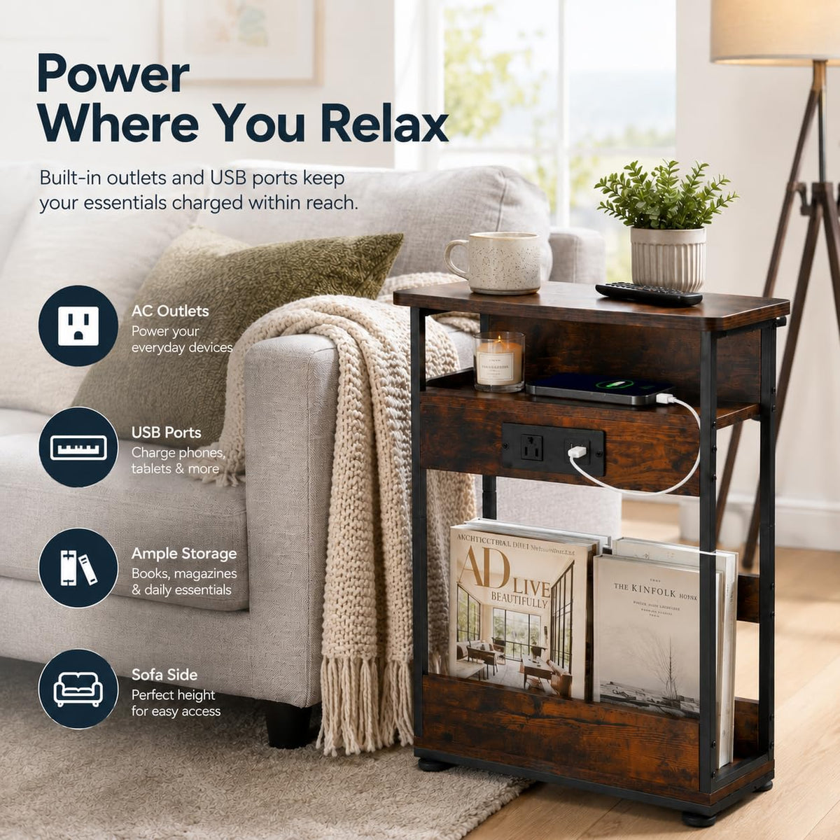 Narrow Side Table with Charging Station S1970