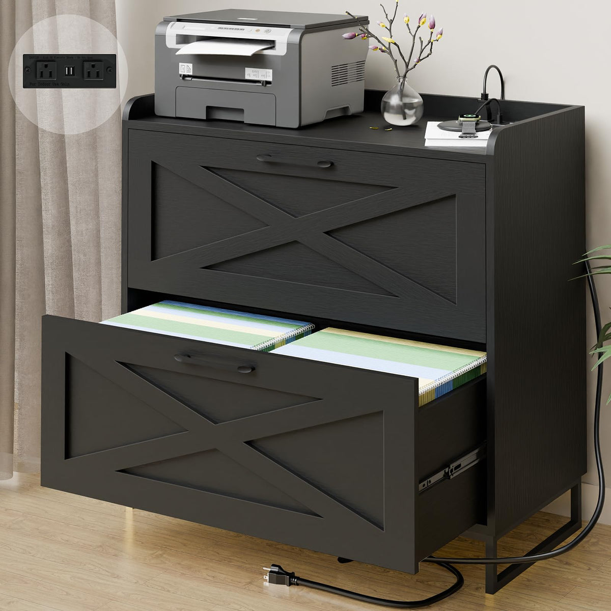 2 Drawer Black File Cabinet with Charging Station S18127