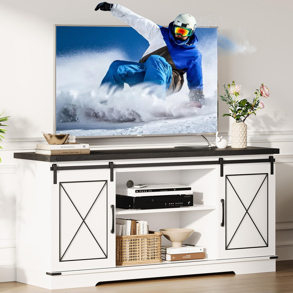 White Rustic Farmhouse TV Stand with Sliding Barn Doors E56816