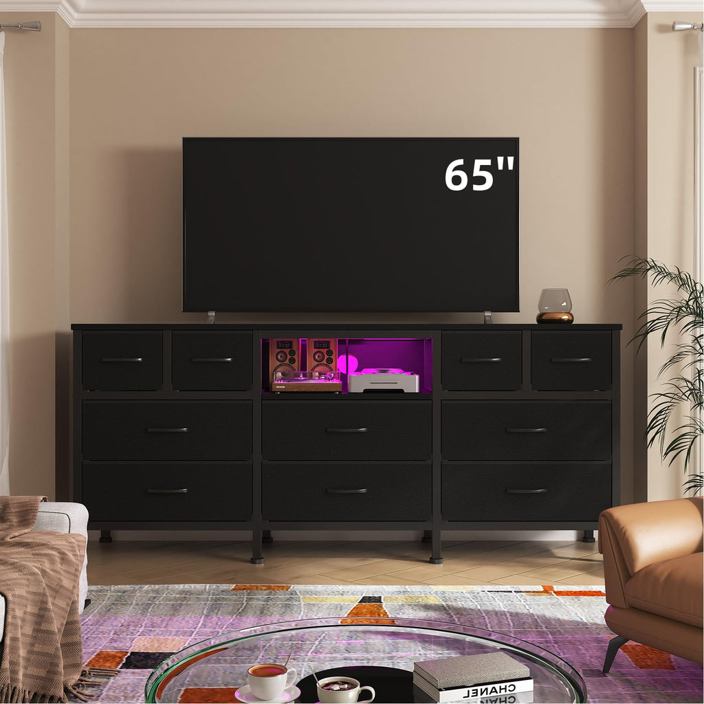Black Dresser with LED Lights and Power Outlets, 10 Drawers Dresser L931