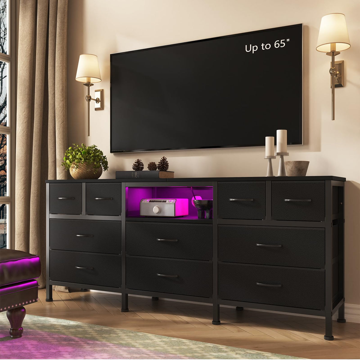Black Dresser with LED Lights and Power Outlets, 10 Drawers Dresser L931