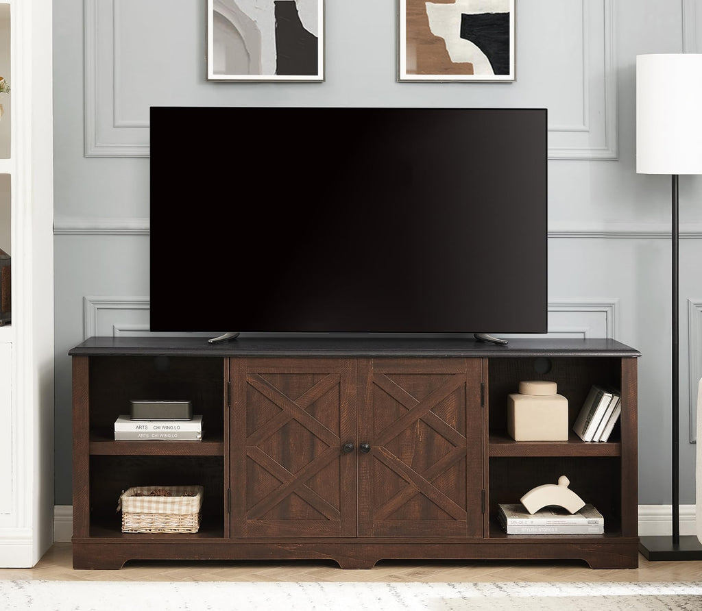 Espresso and Black TV Media Stand with Open Shelves and Closed Cabinets Y51999