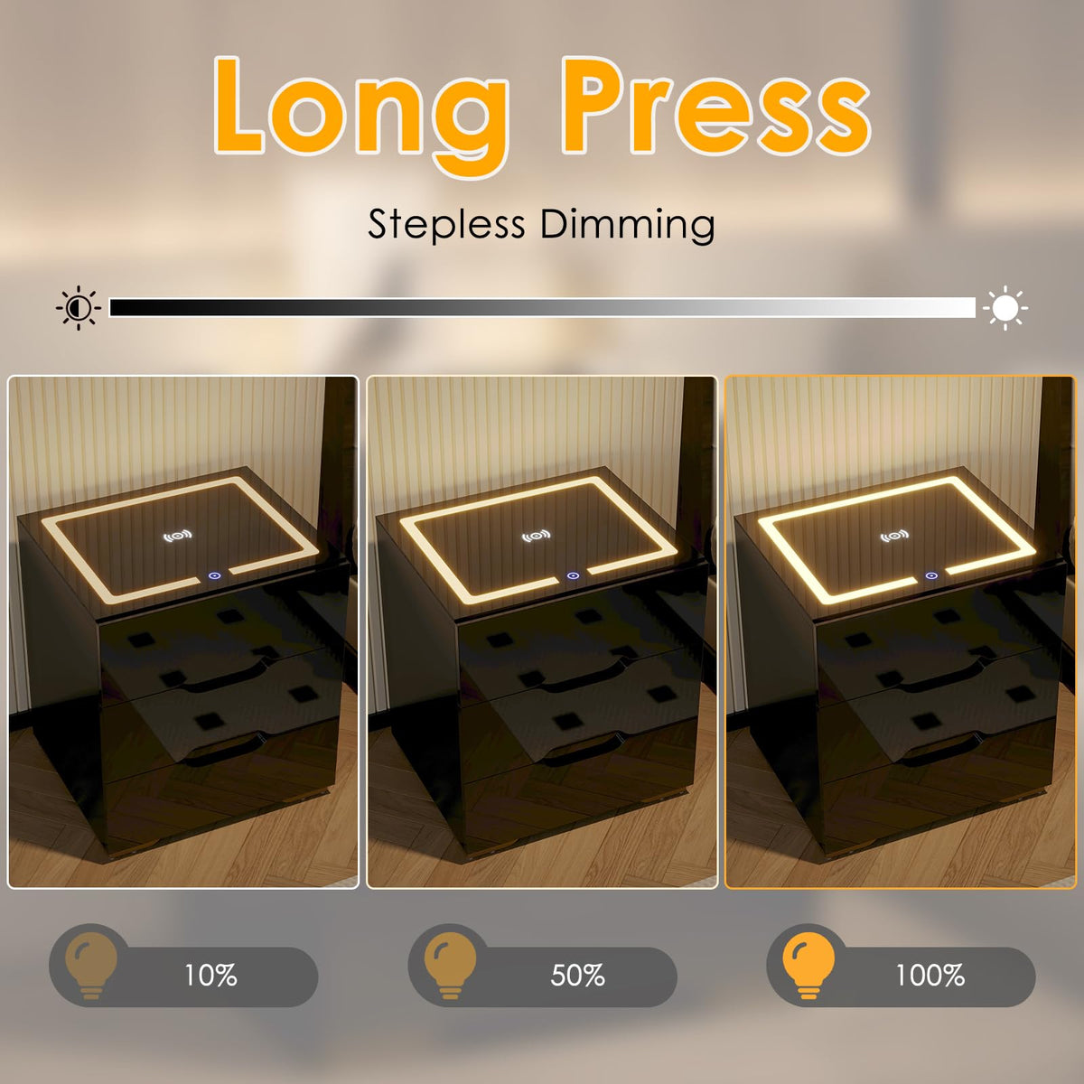 LED Nightstand with Wireless Charging Station 3 Drawers P226889