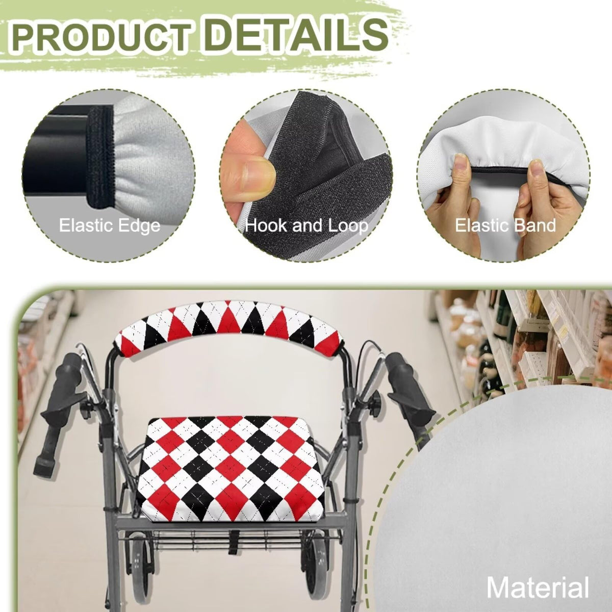 Red Diamond Pattern Rollator Walker Seat & Backrest Covers Set M869585