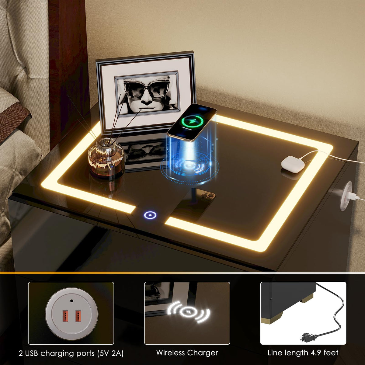 LED Nightstand with Wireless Charging Station 3 Drawers P226889