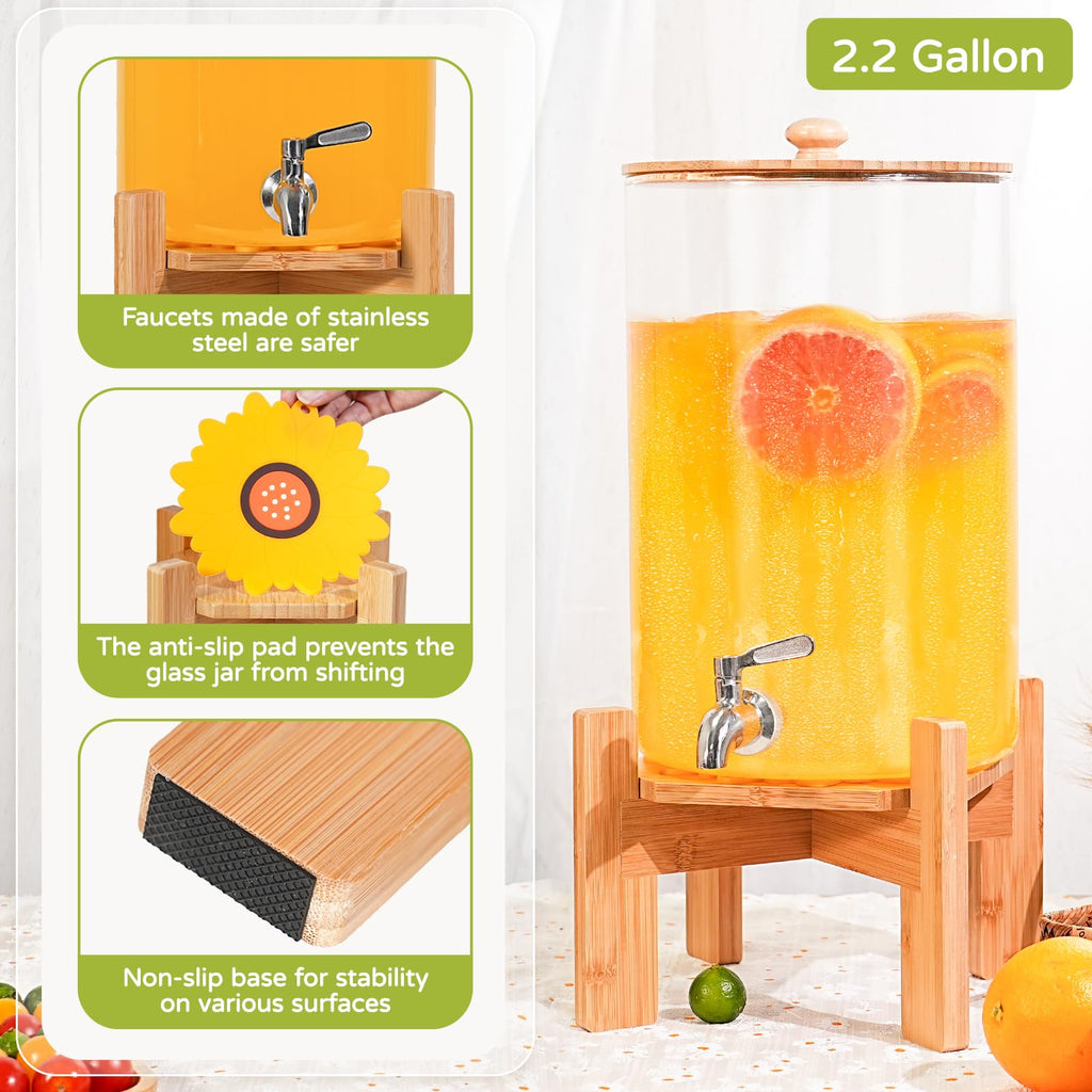 2.2 Gallon Glass Beverage Dispenser with Wood Stand and Stainless Steel Spigot H30534