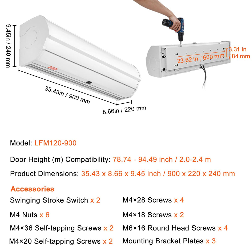 36" Wall Mounted Air Curtain 2 Speeds 900CFM M44532