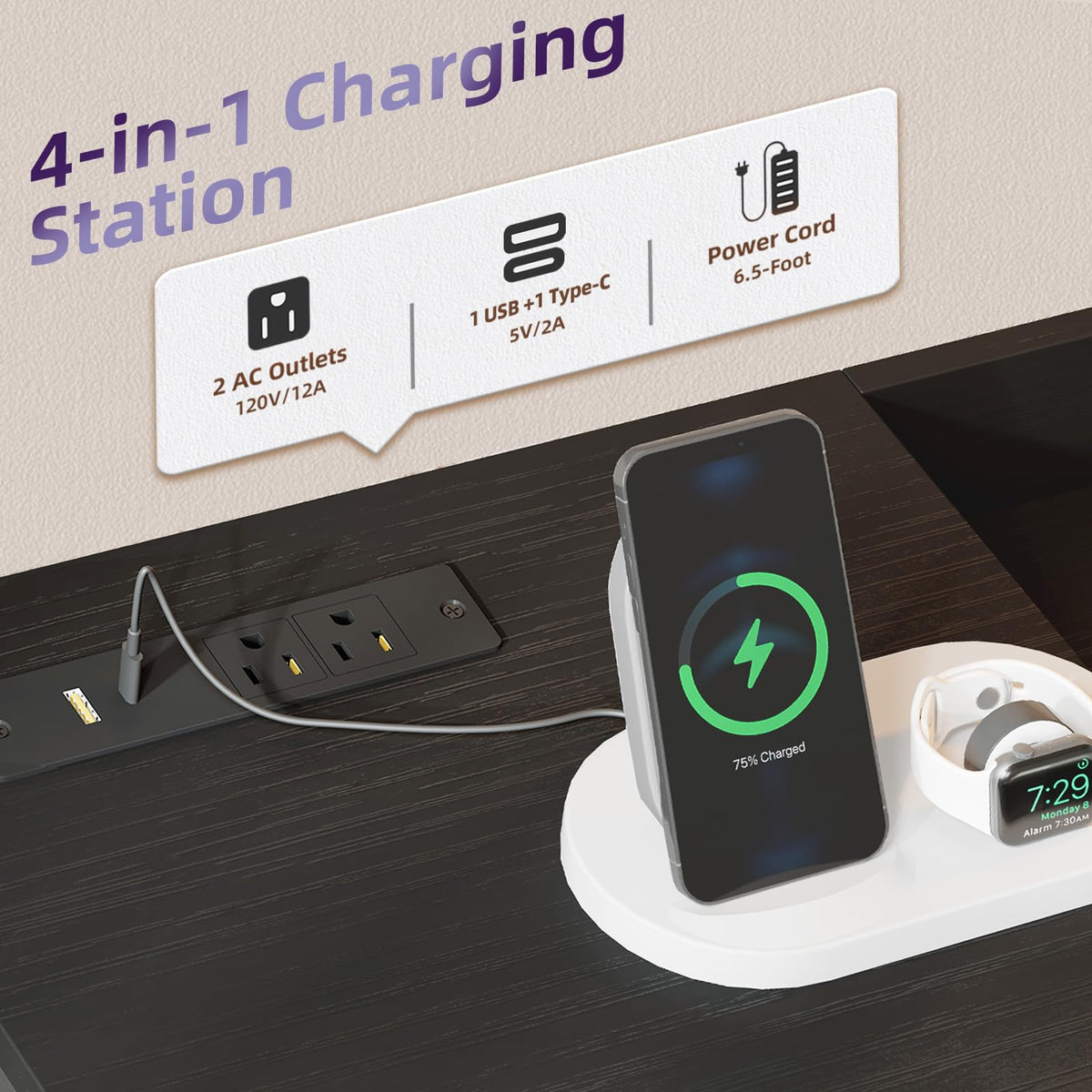 Wide 5 Drawer Nightstand with Charging Station & LED Light R924991