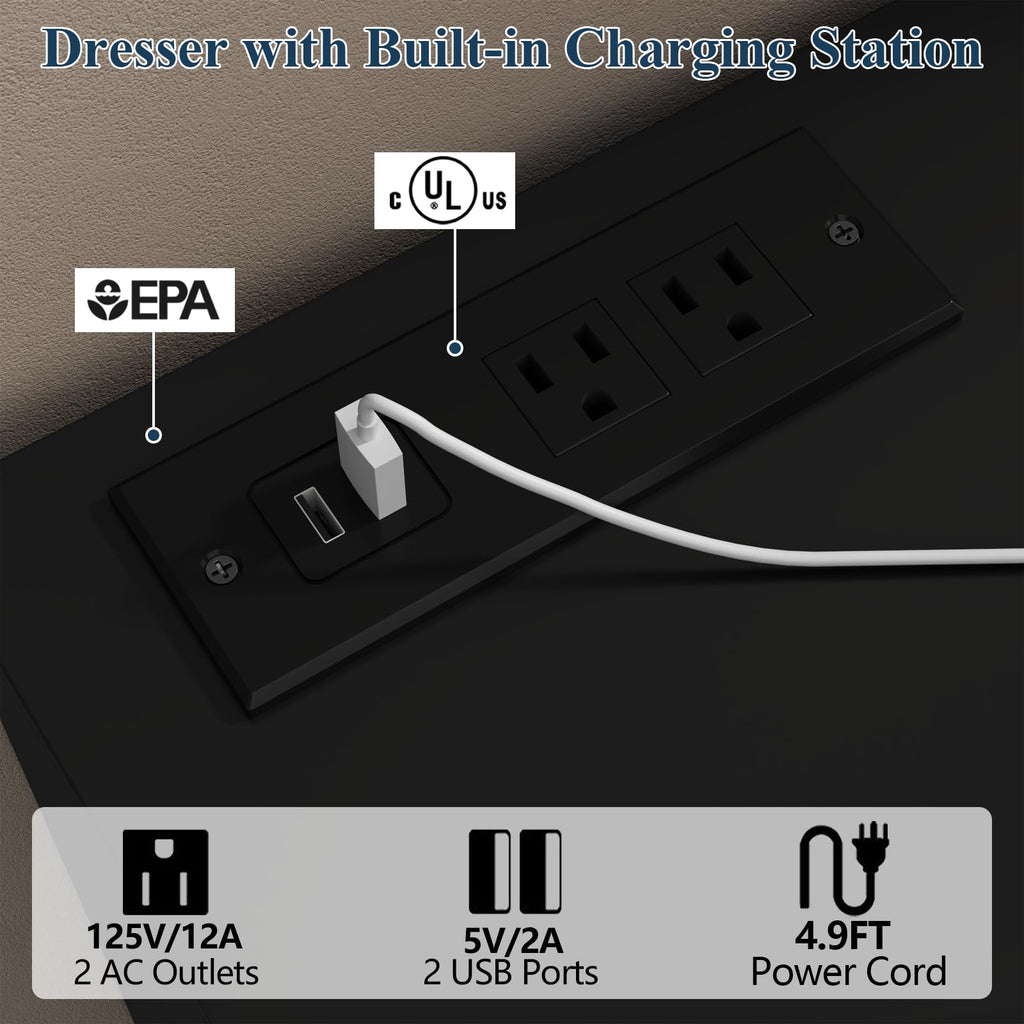 Black 12-Cell Divided Drawers Dresser with Charging Station D468