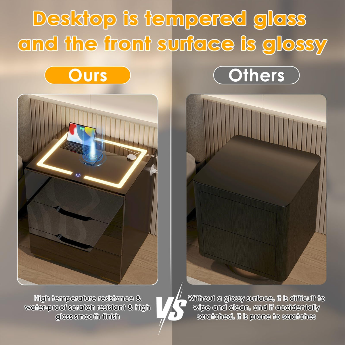 LED Nightstand with Wireless Charging Station 3 Drawers P226889