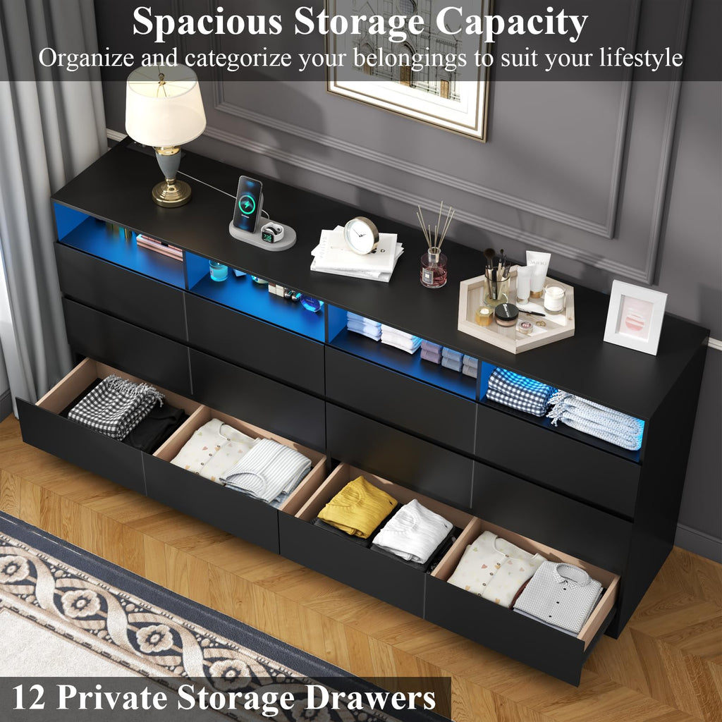 Black 12-Cell Divided Drawers Dresser with Charging Station D468