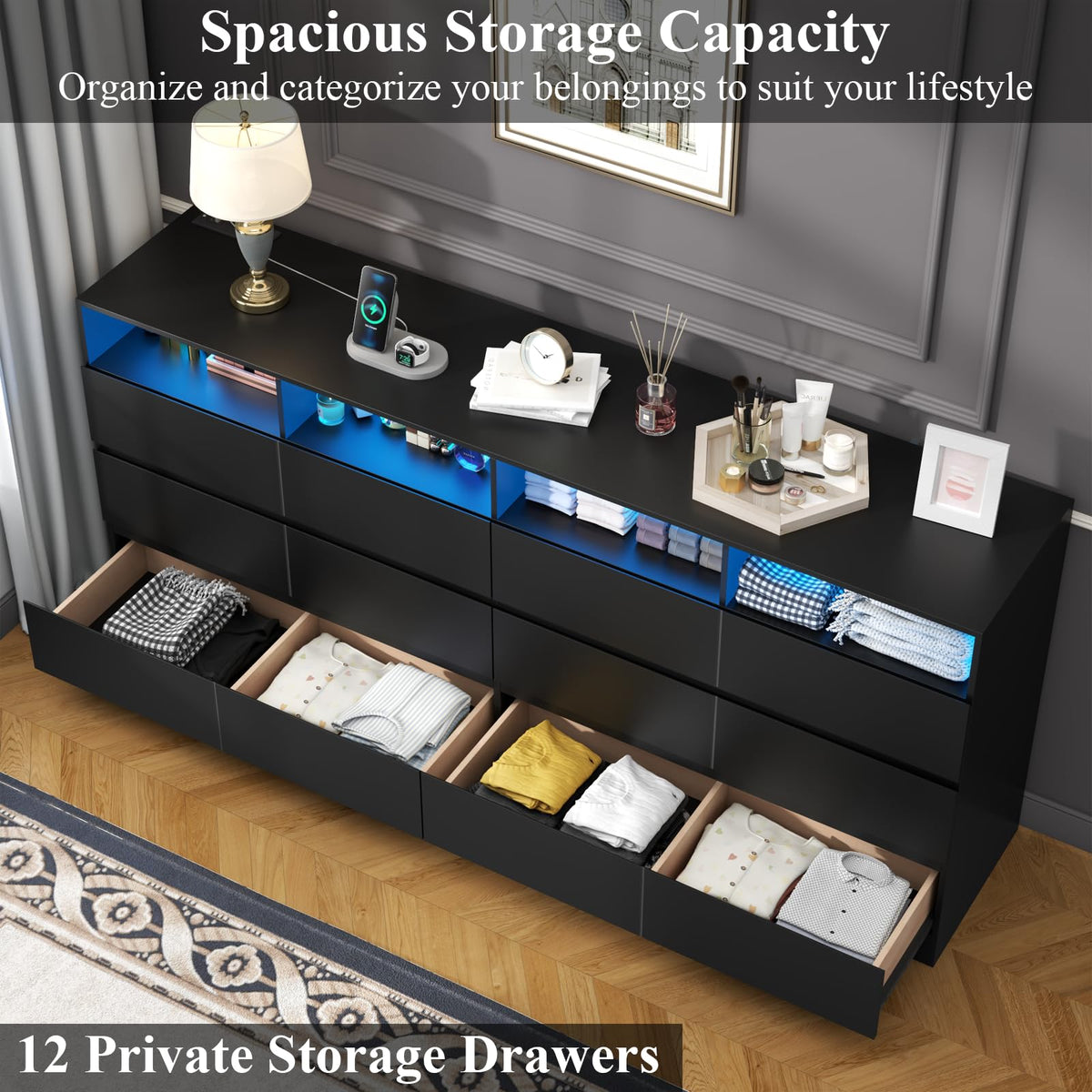 Black 12-Cell Divided Drawers Dresser with Charging Station D468