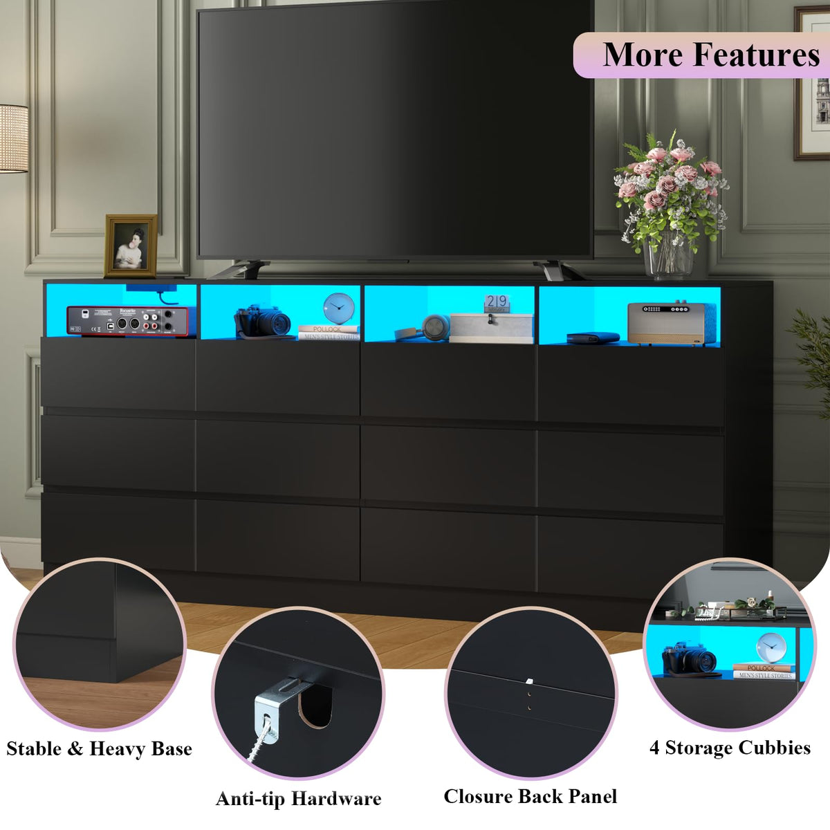 Black 12-Cell Divided Drawers Dresser with Charging Station D468