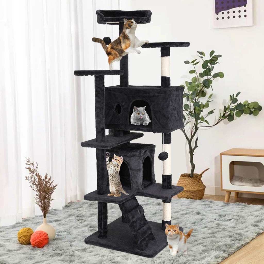 70 Inches Multi-Level Cat Tree with Litter Box Enclosure Dark Gray L75888
