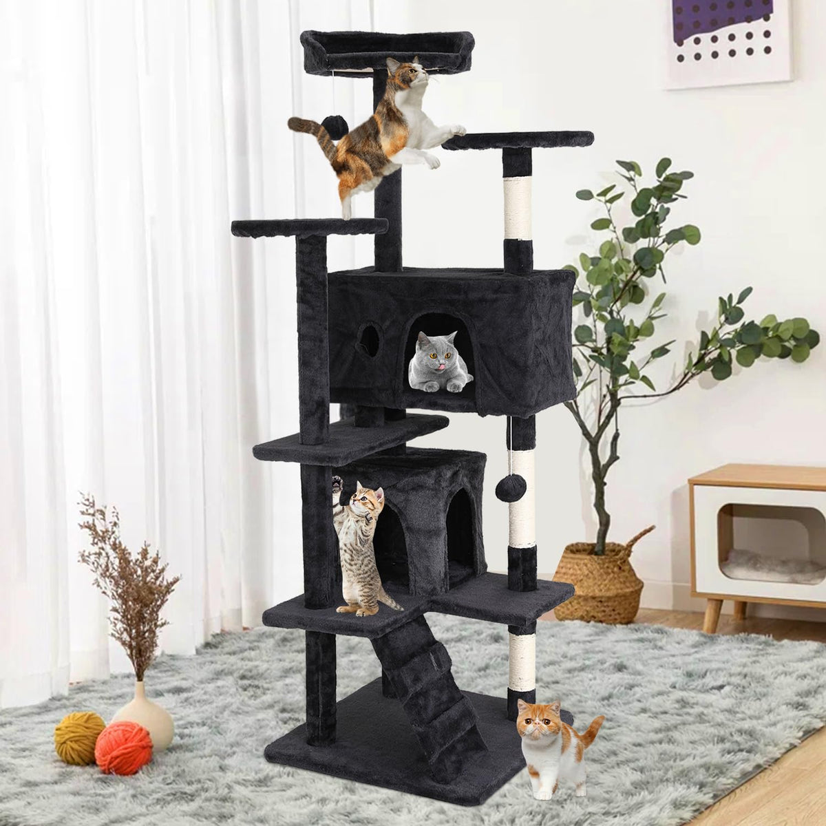 70 Inches Multi-Level Cat Tree with Litter Box Enclosure Dark Gray L75888