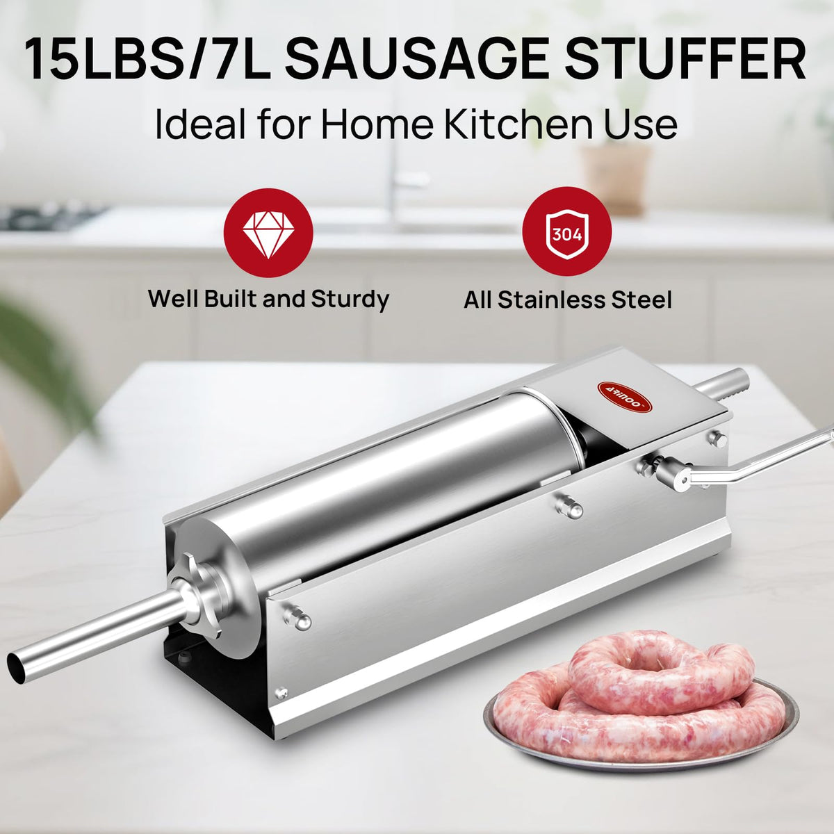Manual Stainless Steel Sausage Stuffer with 4 Stuffing Tubes A860948