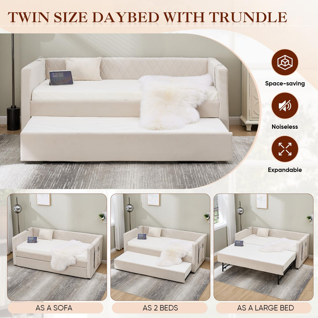 Twin Size Velvet Upholstered Daybed with Trundle E95996