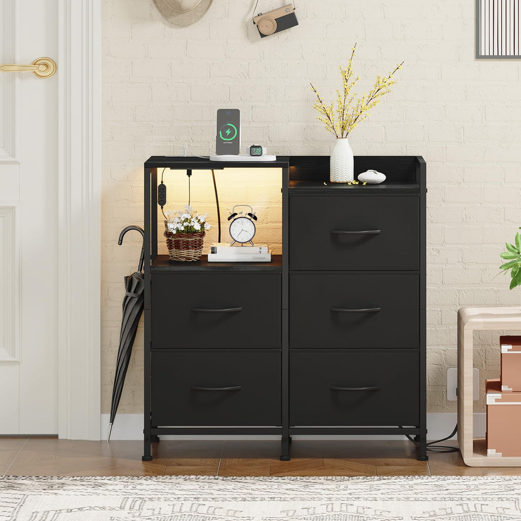 Wide 5 Drawer Nightstand with Charging Station & LED Light R924991