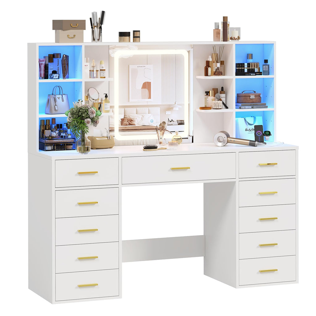 55" Extra-Wide White Makeup Vanity Desk with Lighted Mirror & 11 Drawers K523066