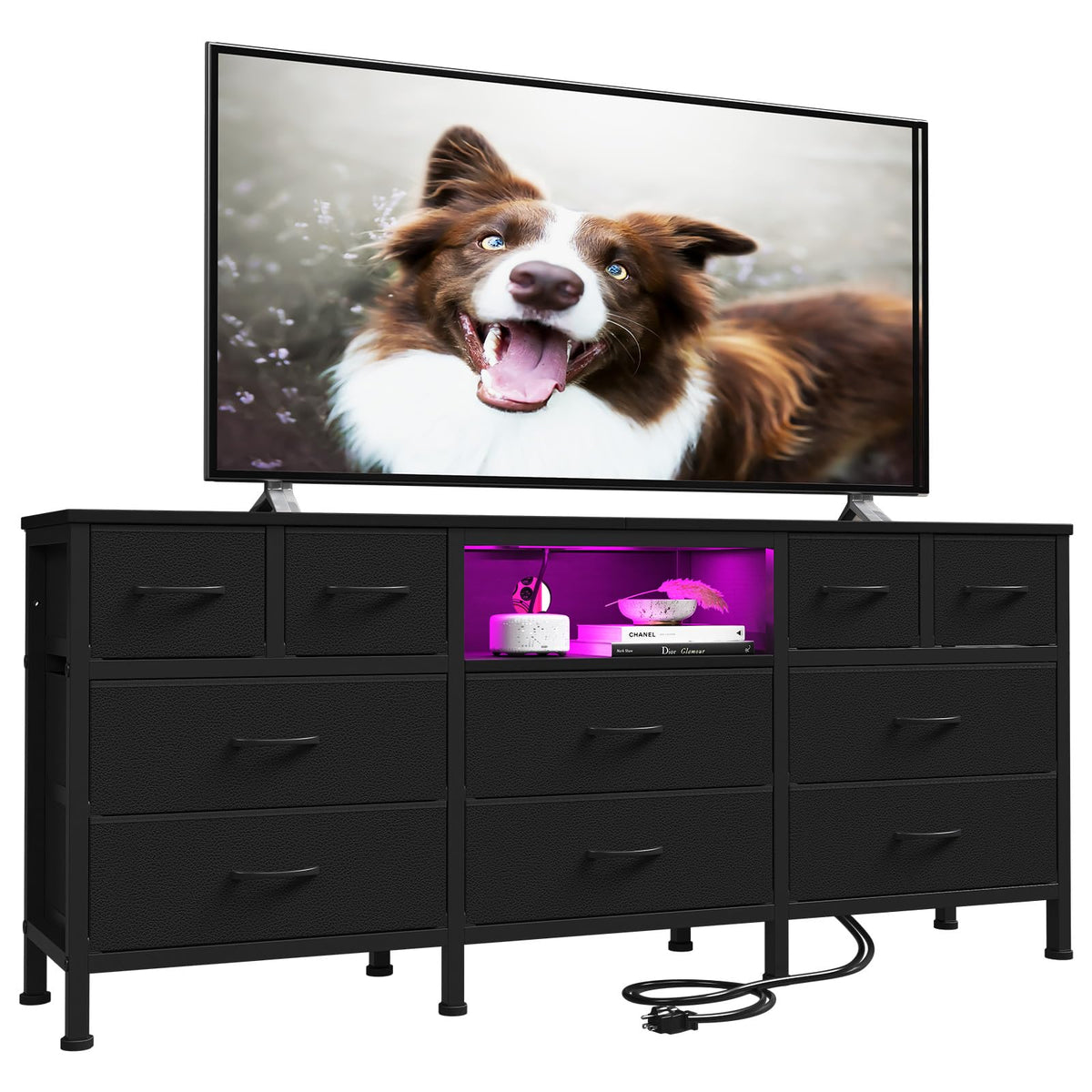 Black Dresser with LED Lights and Power Outlets, 10 Drawers Dresser L931