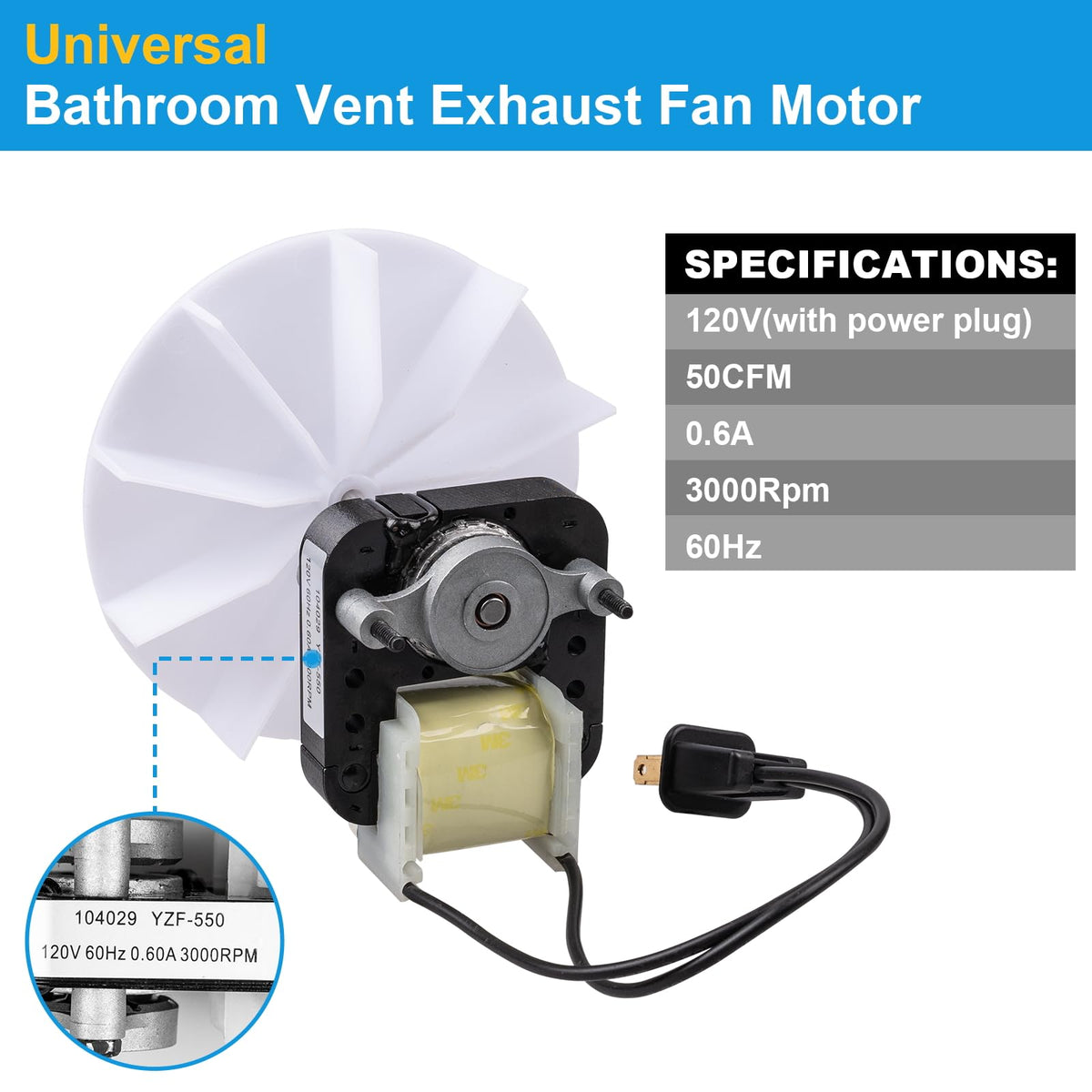 120V 50CFM Bathroom Exhaust Fan Motor with Blower Wheel X8138