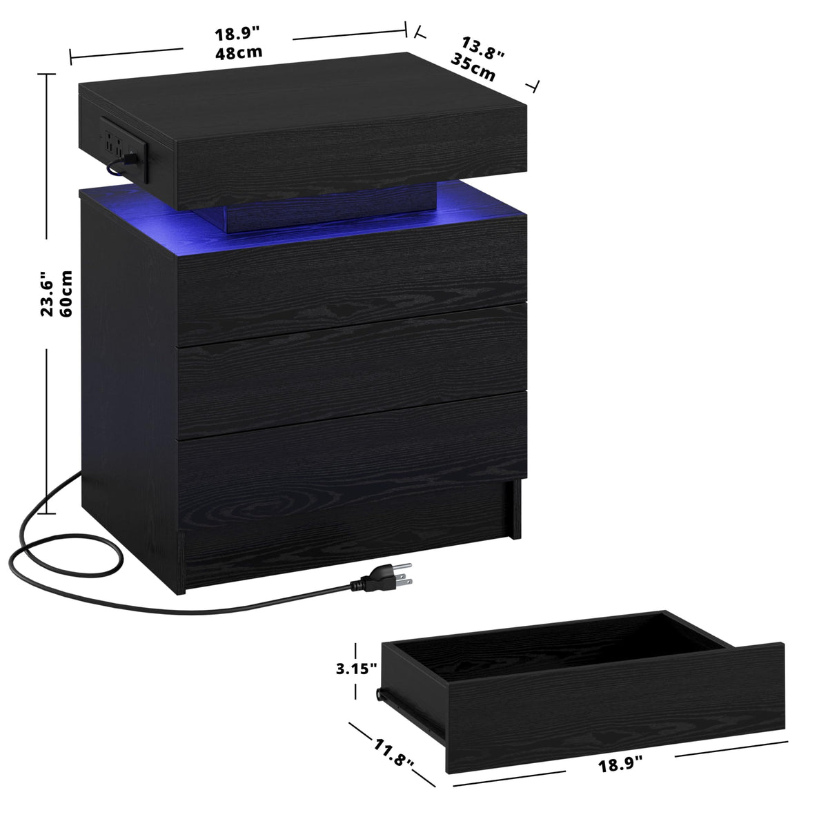 Black 3 Drawer Nightstand with Charging Station Y46051