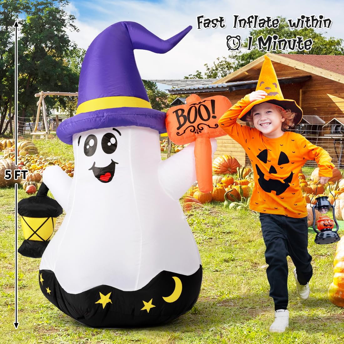 5 FT Halloween Inflatables Ghost with Built-in LEDs G268