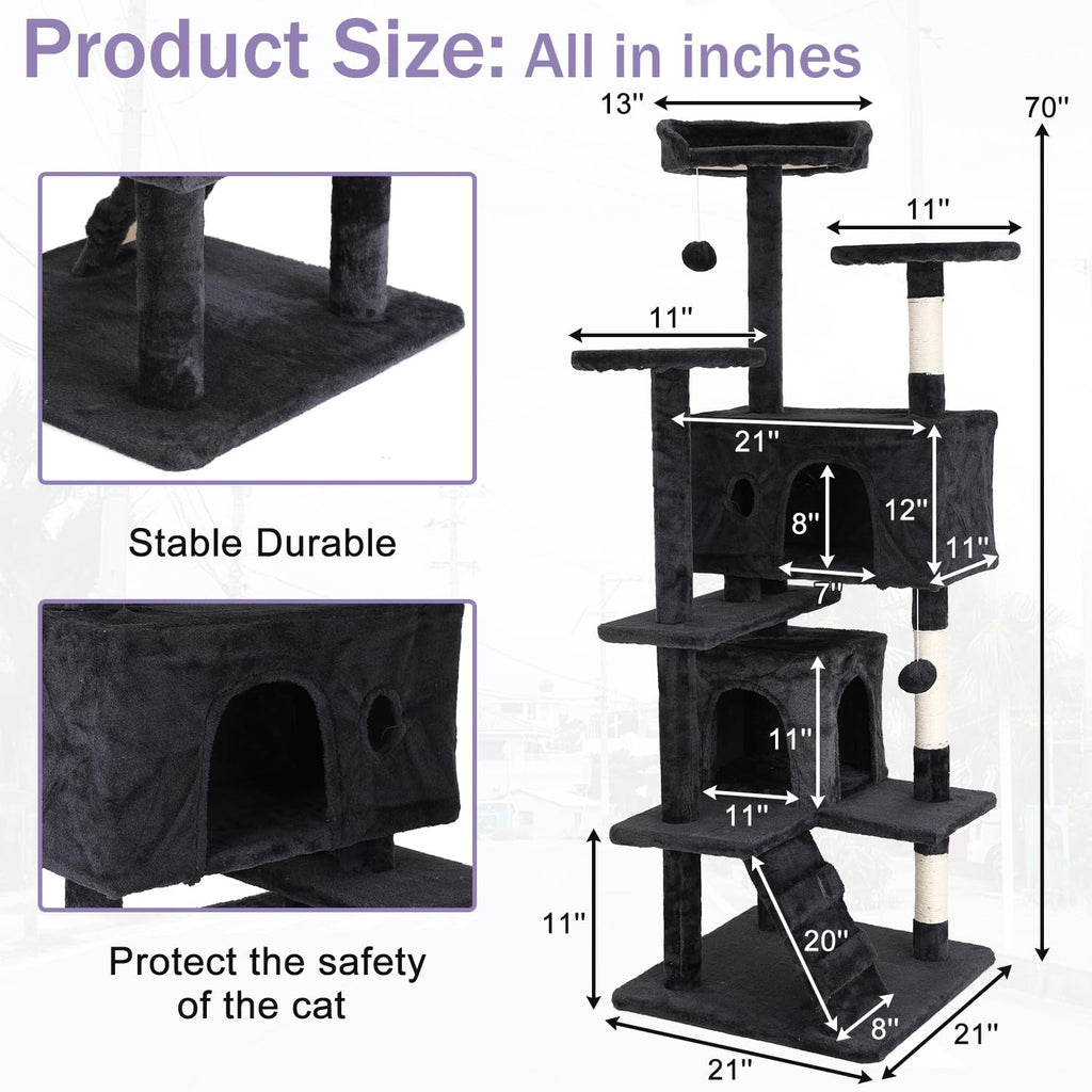 70 Inches Multi-Level Cat Tree with Litter Box Enclosure Dark Gray L75888