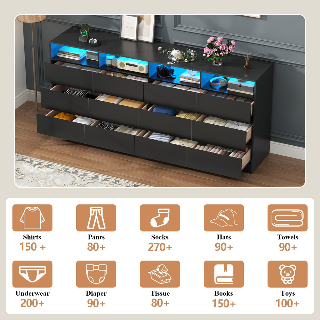 Black 12-Cell Divided Drawers Dresser with Charging Station D468