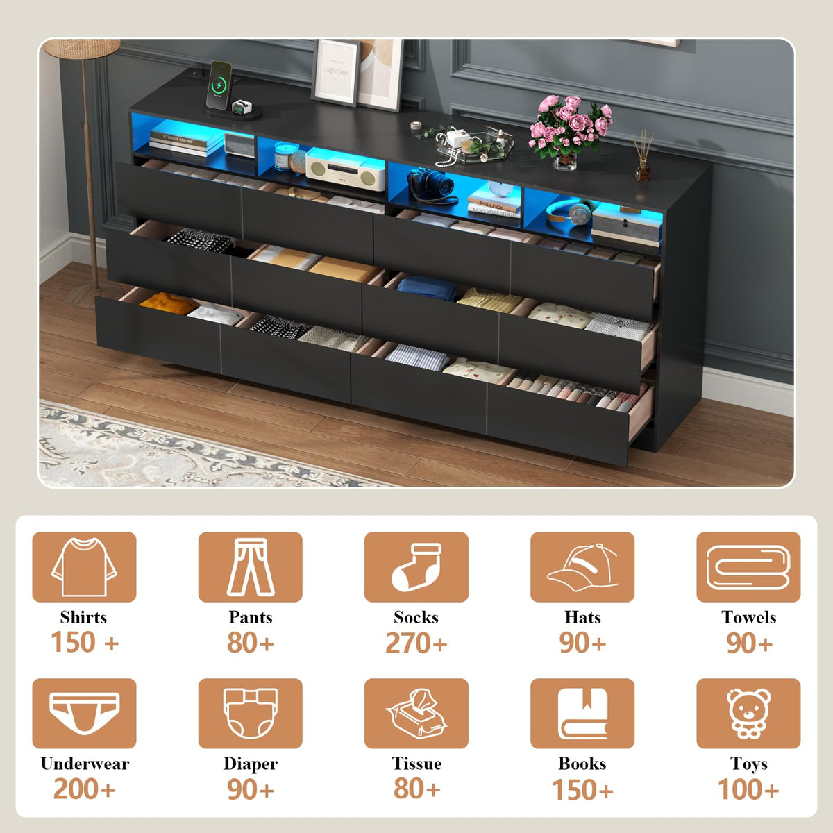 Black 12-Cell Divided Drawers Dresser with Charging Station D468
