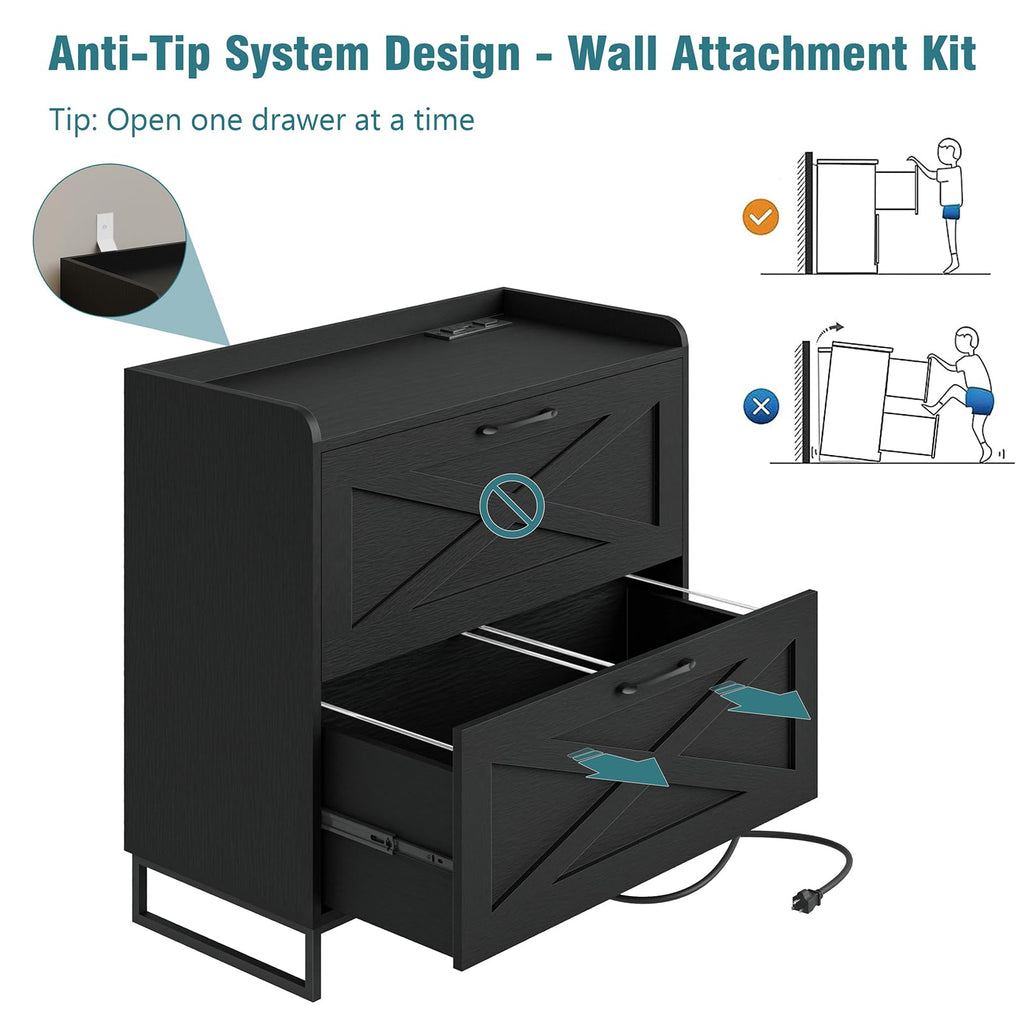 2 Drawer Black File Cabinet with Charging Station S18127