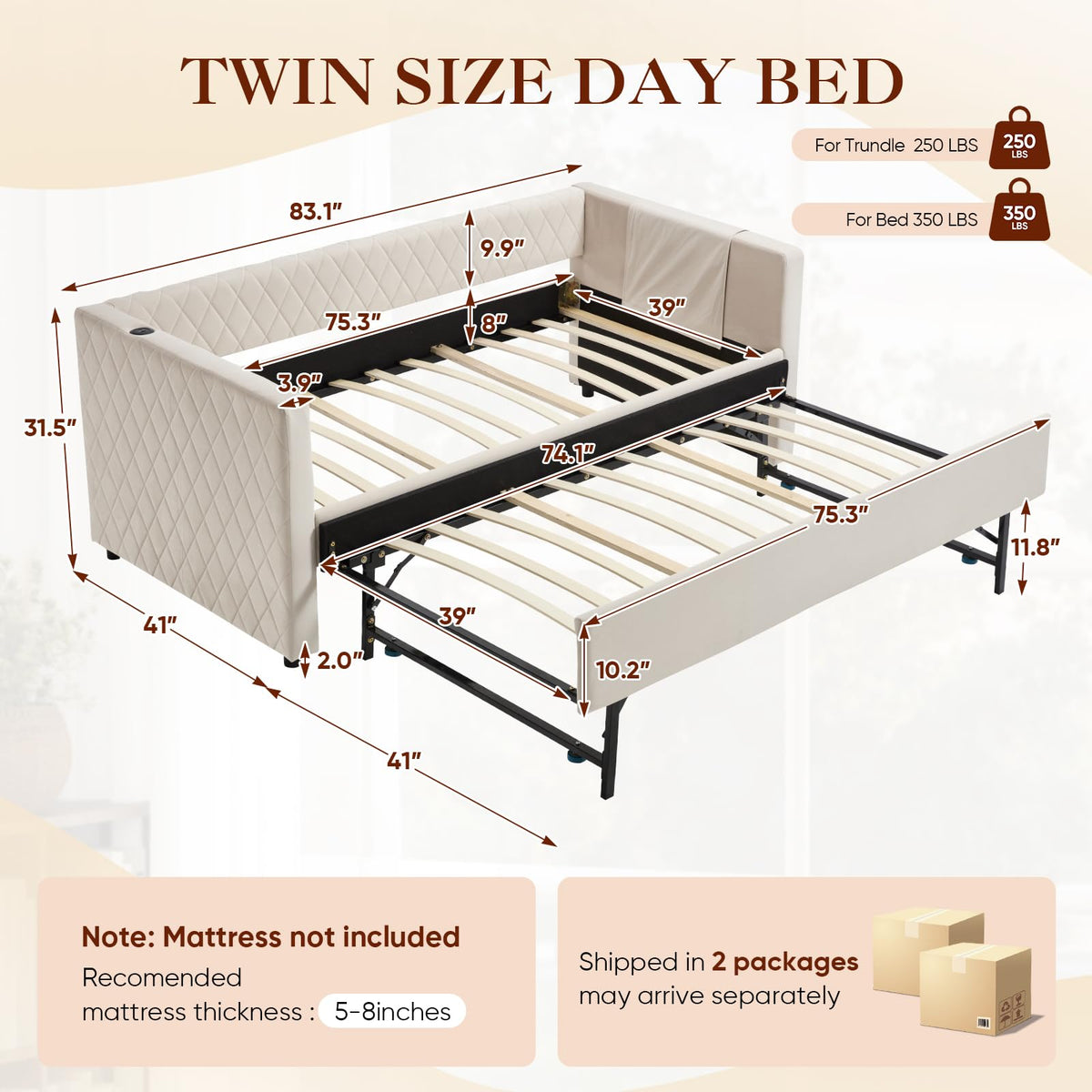 Twin Size Velvet Upholstered Daybed with Trundle E95996