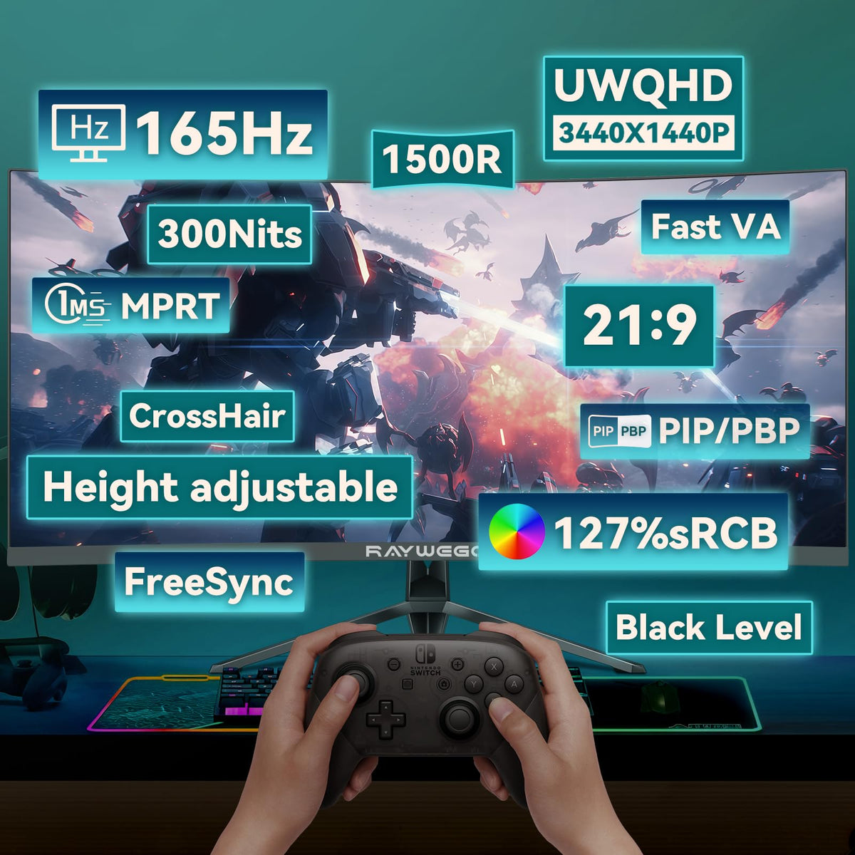 34 Inch Curved Ultrawide Gaming Monitor, UWQHD 165Hz, 1500R Q102
