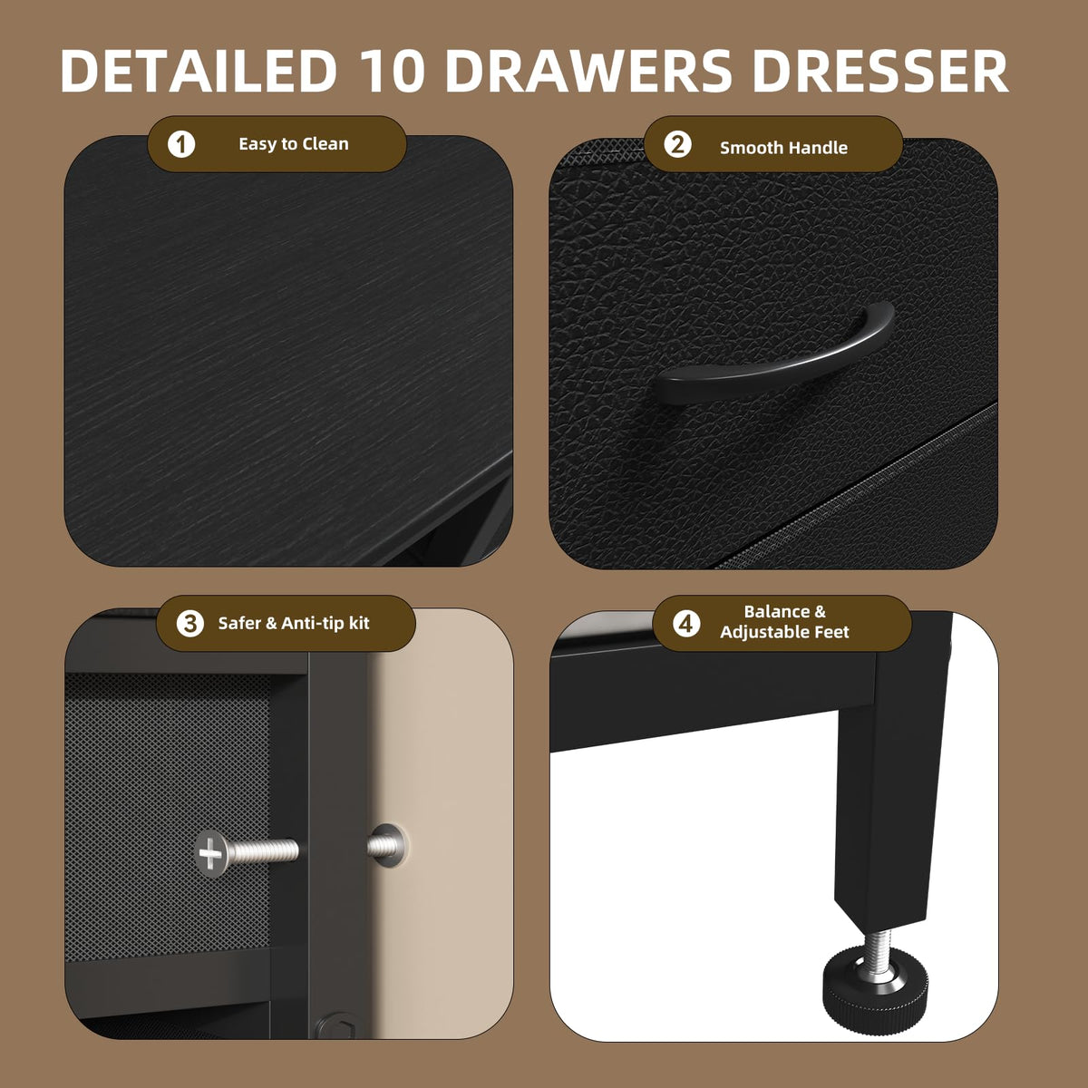 Black Dresser with LED Lights and Power Outlets, 10 Drawers Dresser L931