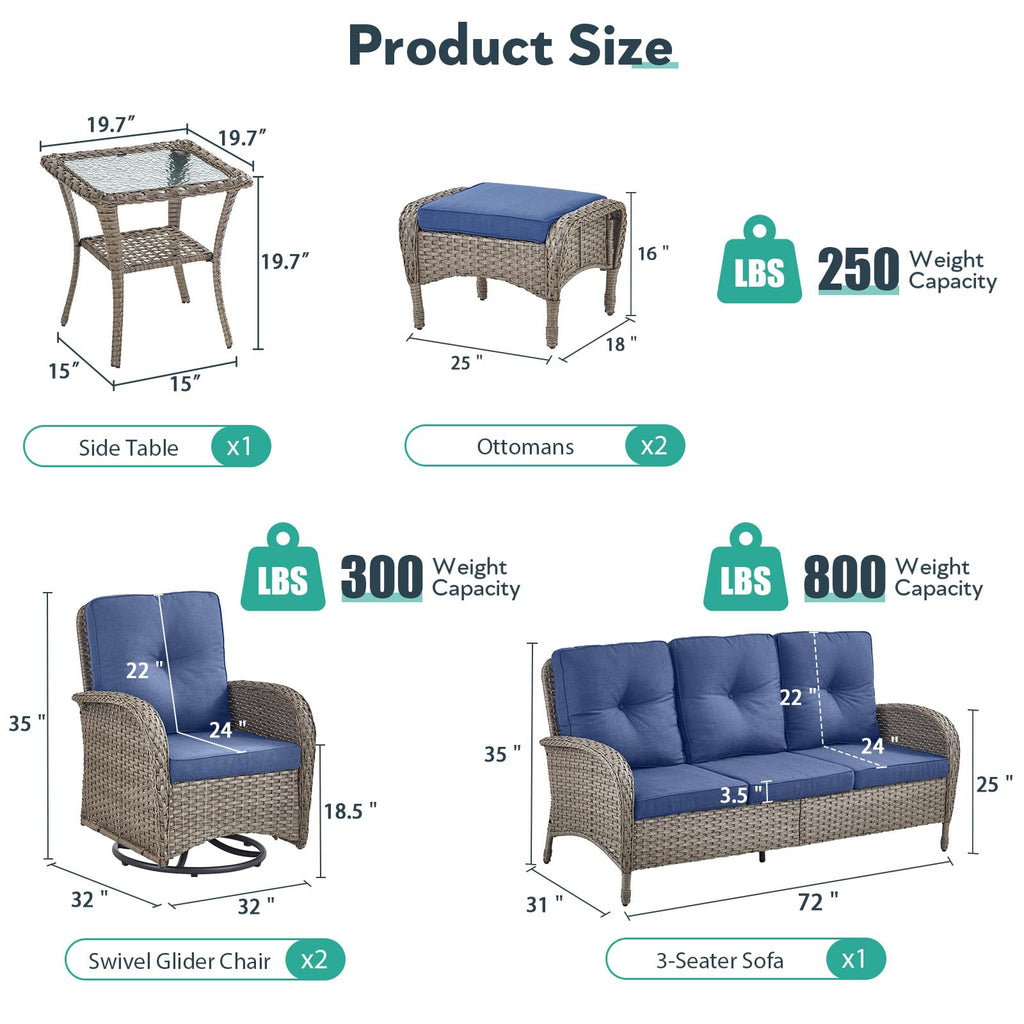6 Piece Grey Wicker Patio Furniture Set with Blue Cushion F8045