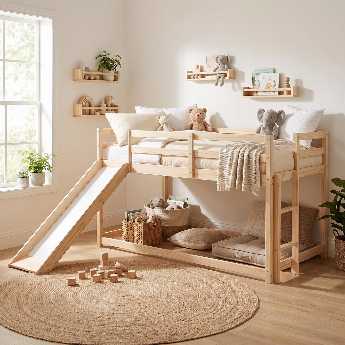 Twin Over Twin Solid Wood Bunk Bed with Slide and Ladder T96912