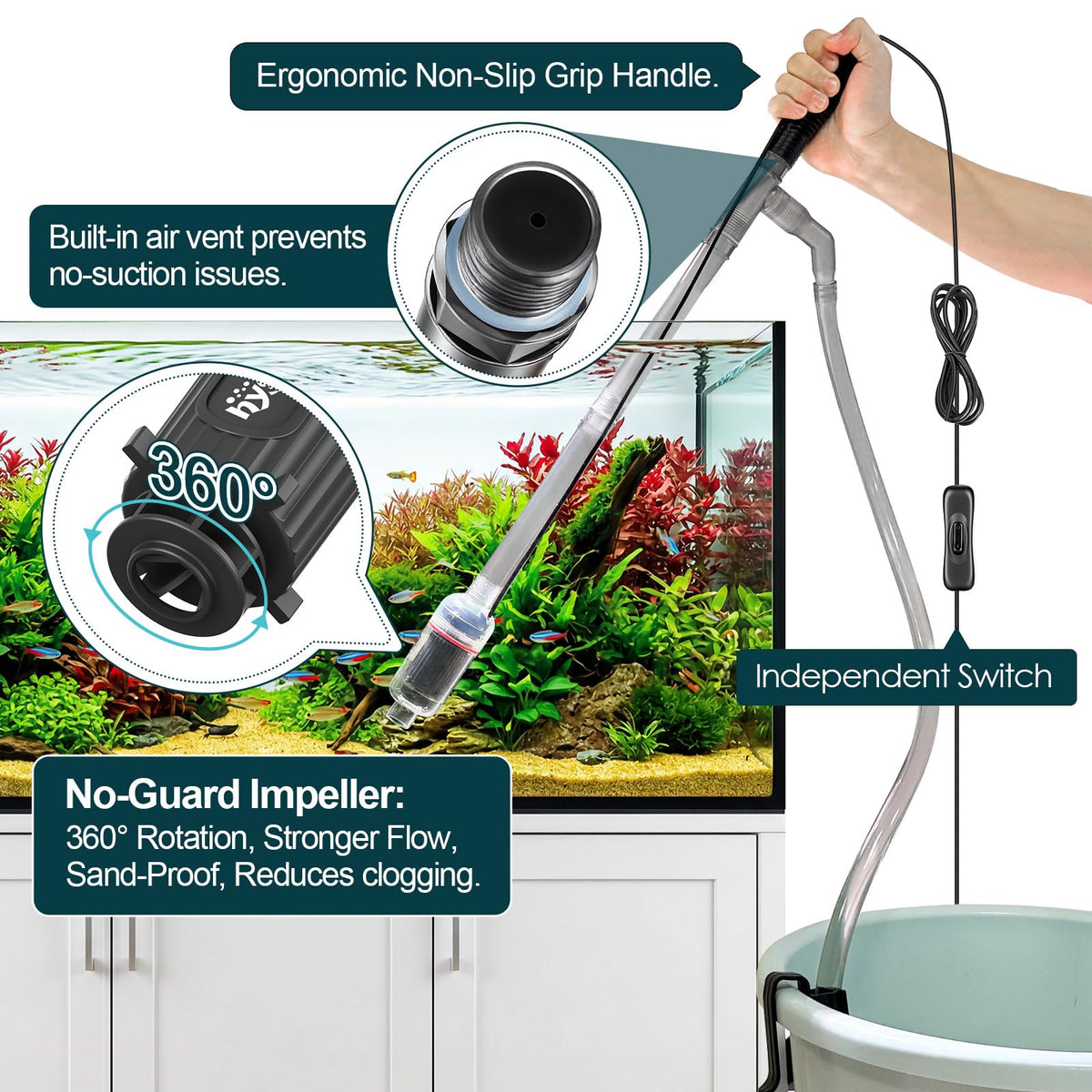 Electric Aquarium Gravel Cleaner, 528GPH Fish Tank Vacuum, 5-in-1 Sand Washer Water Changer Kit B582
