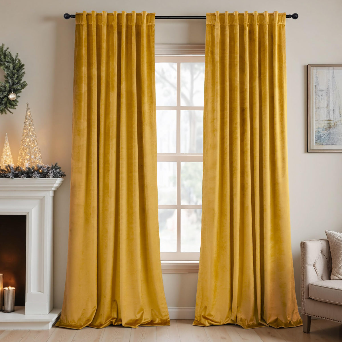 Mustard Yellow Gold Velvet Curtain 84 Inch 2 Panel G751274